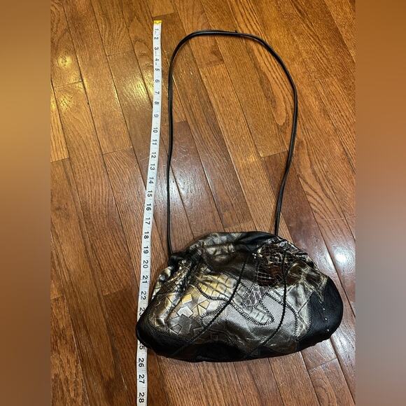 Vintage 80s Clemente Black & Silver Metallic Snakeskin Leathe Purse Clutch, RARE - Picture 4 of 14